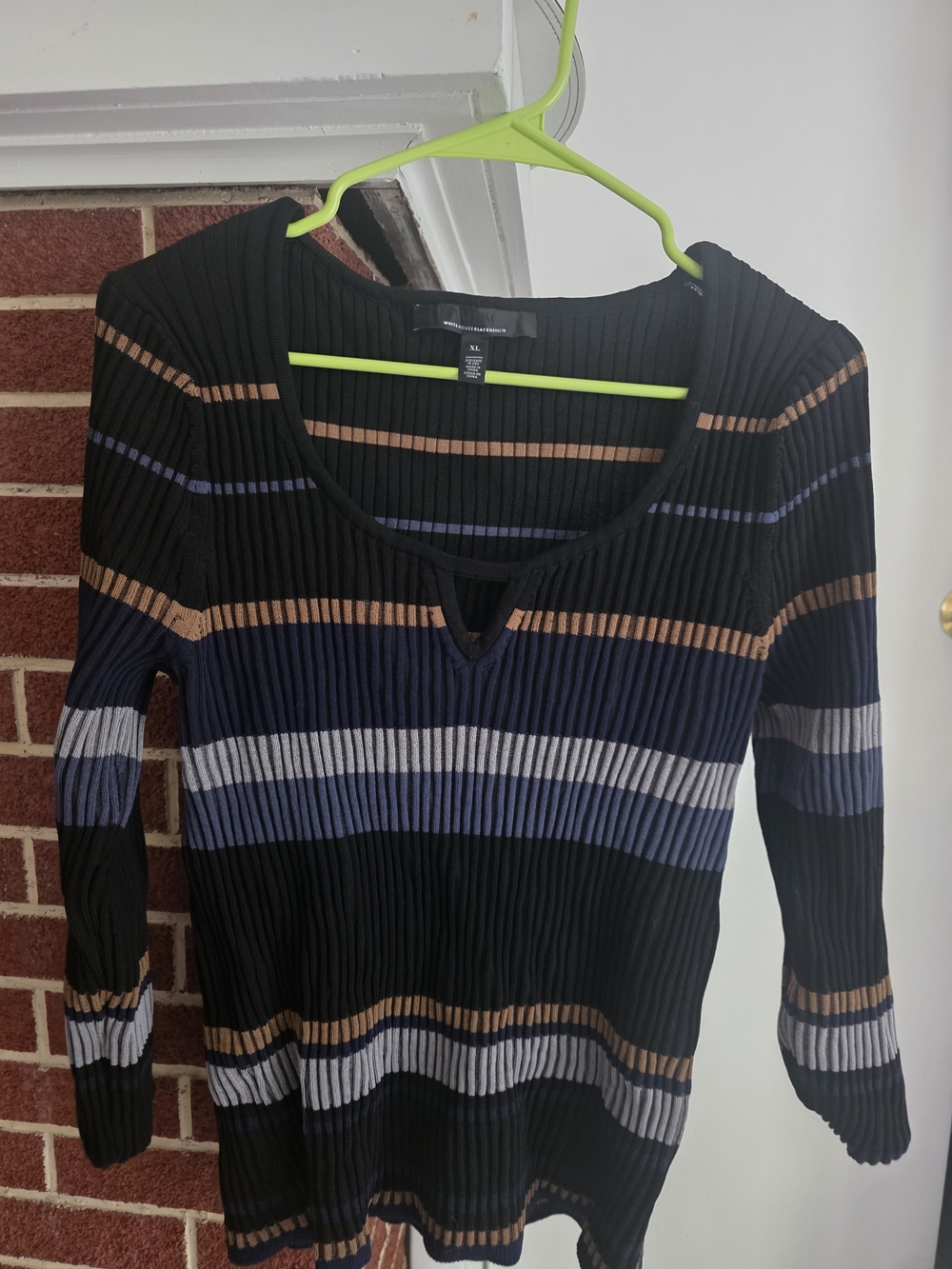 White House Black Market Black Ribbed Sweater with Tan & Navy Stripes